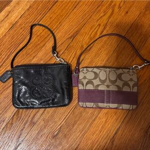 Lot Of 2 Coach Wristlets Tan Purple Black Hang Tag Keychain Print Logo
